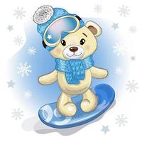 Cute Cartoon Teddy Bear in a knitted scarf, hat, glasses and on a snowboard. Vector winter illustration. New Year, Christmas illustration with snowflakes on the background.