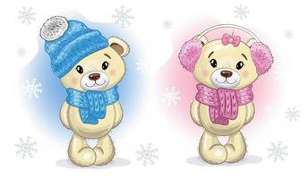 Christmas  Cute Cartoon Teddy Boy and Girl Bears in  knitted scarves, hat and headphones on a background with snowflakes. Vector illustration.