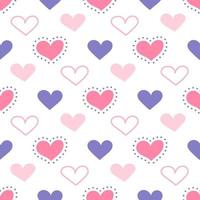 Corazones de color rosa y lila sobre fondo blanco, patrón transparente de vector para el día de San Valentín