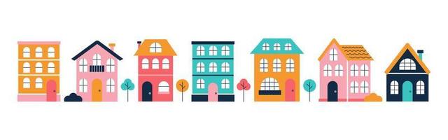 Set of colorful houses, small town, exterior facade of small town. Vector flat illustration
