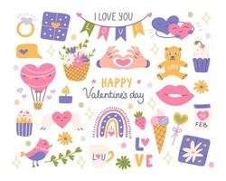 Valentine's Day set with decorative elements, love symbols and inscriptions. Vector flat illustration