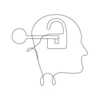 Continuous line drawing, key opens the lock in the head, concept of business ideas, unleash your potential, vector illustration.