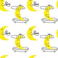 Cute pattern. Seamless vector design with smiling moon on skate. Pattern for kids. Hand drawn.