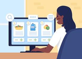 Searching for groceries online flat color vector illustration