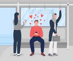 Using dating application in transport flat color vector illustration