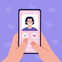 Scrolling through profiles on dating app flat color vector illustration