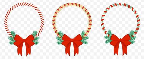 Circle frame candy cane with fir branches. Red bow Christmas border. Isolated vector illustration, flat style.