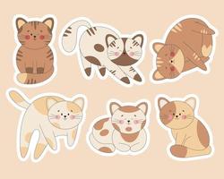 Set of cute cat stickers. Kawaii kitten with different poses and emotions isolated. Flat vector with an outline.