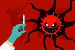 New coronavirus variant of COVID-19 strain omicron. World alert attack concept. Mutated corona virus outbreak and respiratory infection disease epidemic. Vaccine in doctor hand. Vector illustration