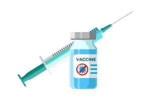 Coronavirus infection vaccine ampoule with syringe. COVID-19 disease vaccination shot. Medical 2019-ncov protection drug. Human immunization campaign symbol. Vector eps isolated illustration