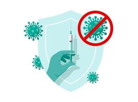 Doctor or nurse hand in green gloves hold coronavirus infection vaccine syringe on shield. COVID-19 disease vaccination shot. Medical and 2019-ncov protection drug. Medicine immunization campaign eps vector