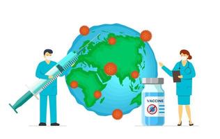 Doctor with coronavirus infection vaccine syringe and ampoule on infected earth planet. COVID-19 disease vaccination shot. Medical 2019-ncov protection drug. Global human immunization eps illustration vector