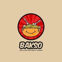 icono del logotipo del restaurante del cuenco de albóndigas bakso con cara llena de fideos y sonrisa vector