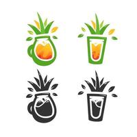 Plantilla de conjunto de logotipo de jugo de piña de ananas frescas con icono de forma de vidrio de fruta vector