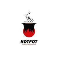 Hot pot kitchen and catering restaurant soul food logo icon template with big fire flame and seafood vector