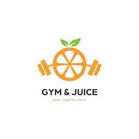 logotipo de jugo de gimnasio fuerte gimnástico con barra de levantamiento de pesas de fruta fresca vector