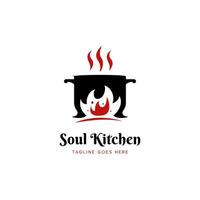 Soul Kitchen hot pot restaurant logo icon with big red fire flame vector