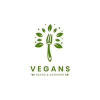 Vegan food restaurant and catering logo with Fork and green leaves icon symbol vector