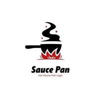 Plantilla de icono de logotipo de sartén de salsa picante con llama de fuego grande vector