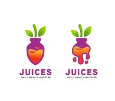 Jugoso logotipo de jugo de botella dentro de remolacha púrpura forma de fruta icono de botella símbolo ilustración vector