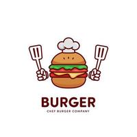 chef hamburguesa hamburguesa mascota de dibujos animados logo icono sosteniendo espátula vector