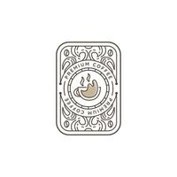 Monoline hot coffee logo in badge vintage decorative card style icon vector