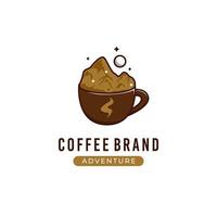 Coffee adventure logo with mountain illustration inside cup of coffee cafe vector