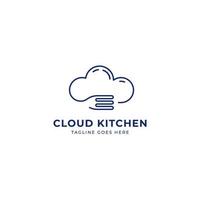 Cloud kitchen logo, digital technology cloud kitchen with fork monoline line icon logo vector