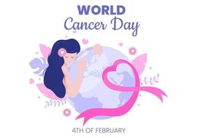 World Cancer Day with Ribbon Flat Vector Illustration. Inform the Public About Disease Awareness on February 4th Through Campaign Background or Poster