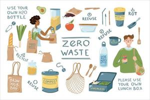 Hand drawn Zero Waste Elements Set. Collection of Eco Lifestyle illustrations. Reusable and Recycle non-plastic products