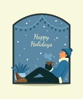 Man Sit on a Window Sill and Enjoy with Winter Season. vector