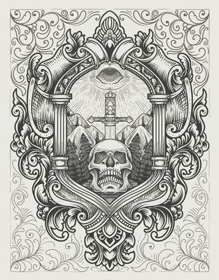 illustration antique skull sword with dark eyes engraving style