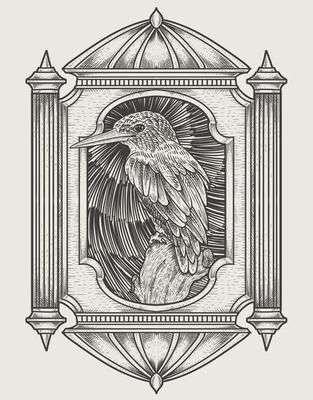 illustration vintage beautiful bird with engraving style