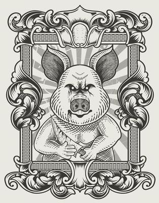 illustration vintage psychopath pig with engraving style