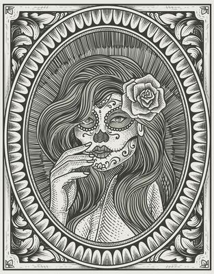 illustration sugar lady skull with engraving style