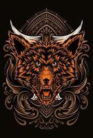 Illustration vector wolf head with vintage engraving ornament on black background