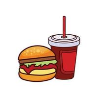 icono de plano de deliciosas hamburguesas y bebidas de comida rápida. vector de plantilla de diseño