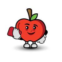 personaje de dibujos animados de manzana con teléfono móvil. estilo plano de ilustración. Adecuado para diseño de impresiones, libros para niños, camisetas para niños, etc., vector de plantilla de diseño