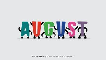 An alphabet that says August with colorful designs and characters. vector