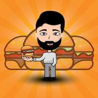 Men cartoon character with burger. suitable for illustration burger promotion, Shop, children's book, etc. Design template vector