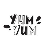 yum yum diseño de texto doodle para imprimir. ilustración vectorial con estilo de caligrafía dibujada a mano de dibujos animados. aislado en blanco vector