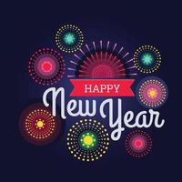 Colorful fireworks 2022 New Year vector illustration, bright on dark blue background, text Happy New Year. Flat style abstract, geometric design. Concept for holiday decor, card, poster, banner, flyer