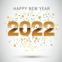 Happy new year 2022 background. Golden shiny numbers with confetti and ribbons on white gray background. Holiday greeting card design. vector