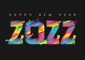 2022 Happy New Year greeting card with colorful 3d abstract paper cut shapes on black background. Vector illustration.