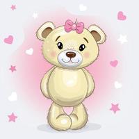 Linda chica de oso de peluche de dibujos animados con un lazo aislado en un fondo rosa con corazones y estrellas. ilustración vectorial.