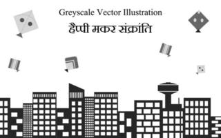 makar sankranti ilustración vectorial creada con la silueta del edificio paisaje urbano y cometas en el cielo. vector
