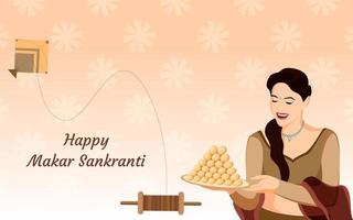 Indian women with thali of laddoo sweet on simple hand drawn pattern design background with Charkhi and Patang. Vector illustration for makar sankranti festival.