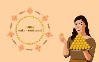 Indian girl with thali of laddoo sweet on flat color background, Circular pattern created with objects like kites laddoo and charkhi with the text Happy makar sankranti.
