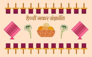 Makar sankranti vector illustration created with charkhi, patang, ladoo and  sugarcane.