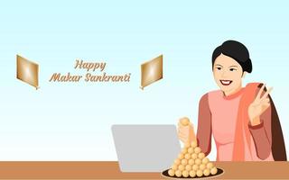 Indian girl with laddoo sweet on simple gradient background, Vector character illustration for makar sankranti festival.